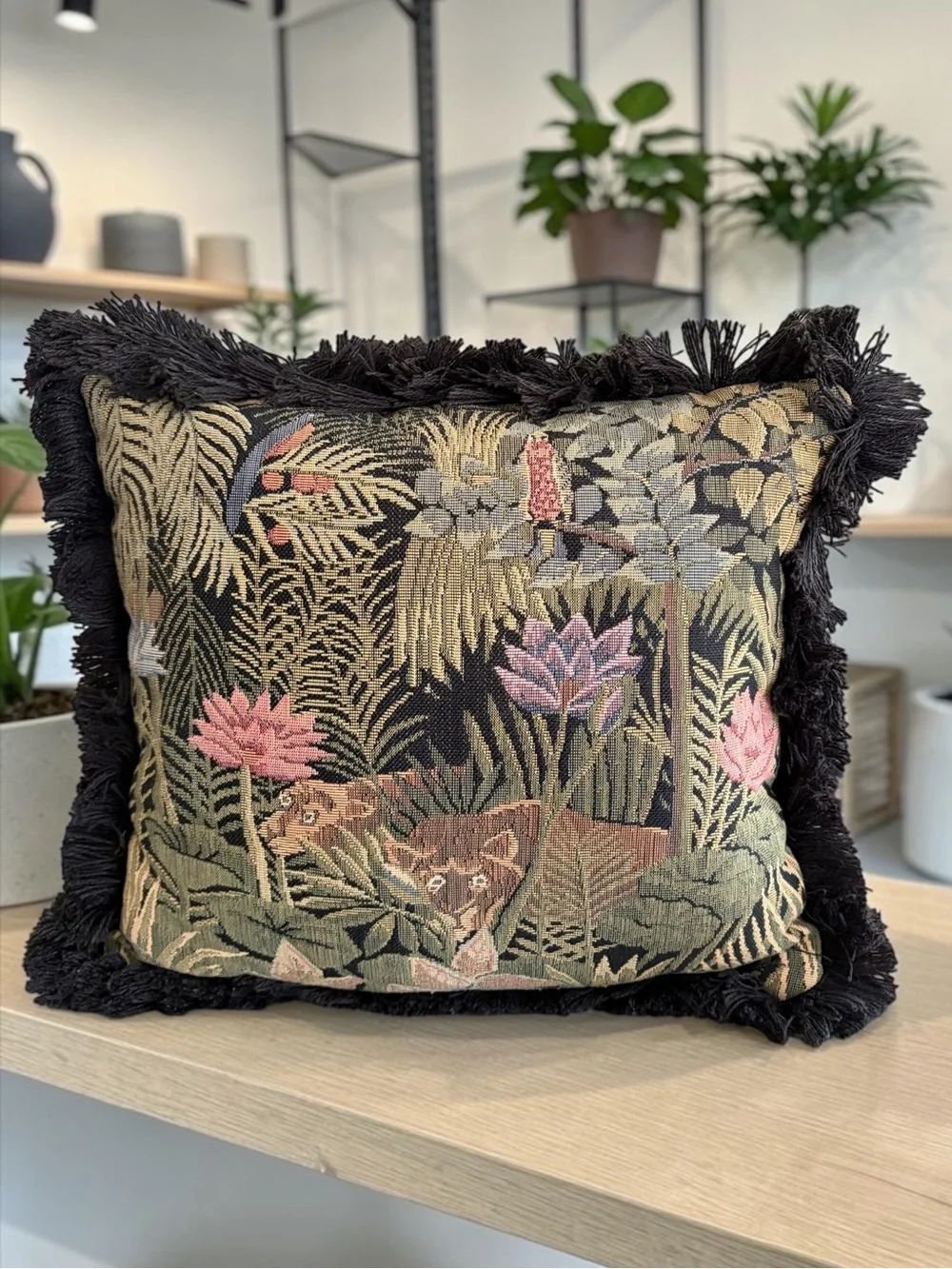 Vintage Black Floral and Animal Tapestry Accent Pillow